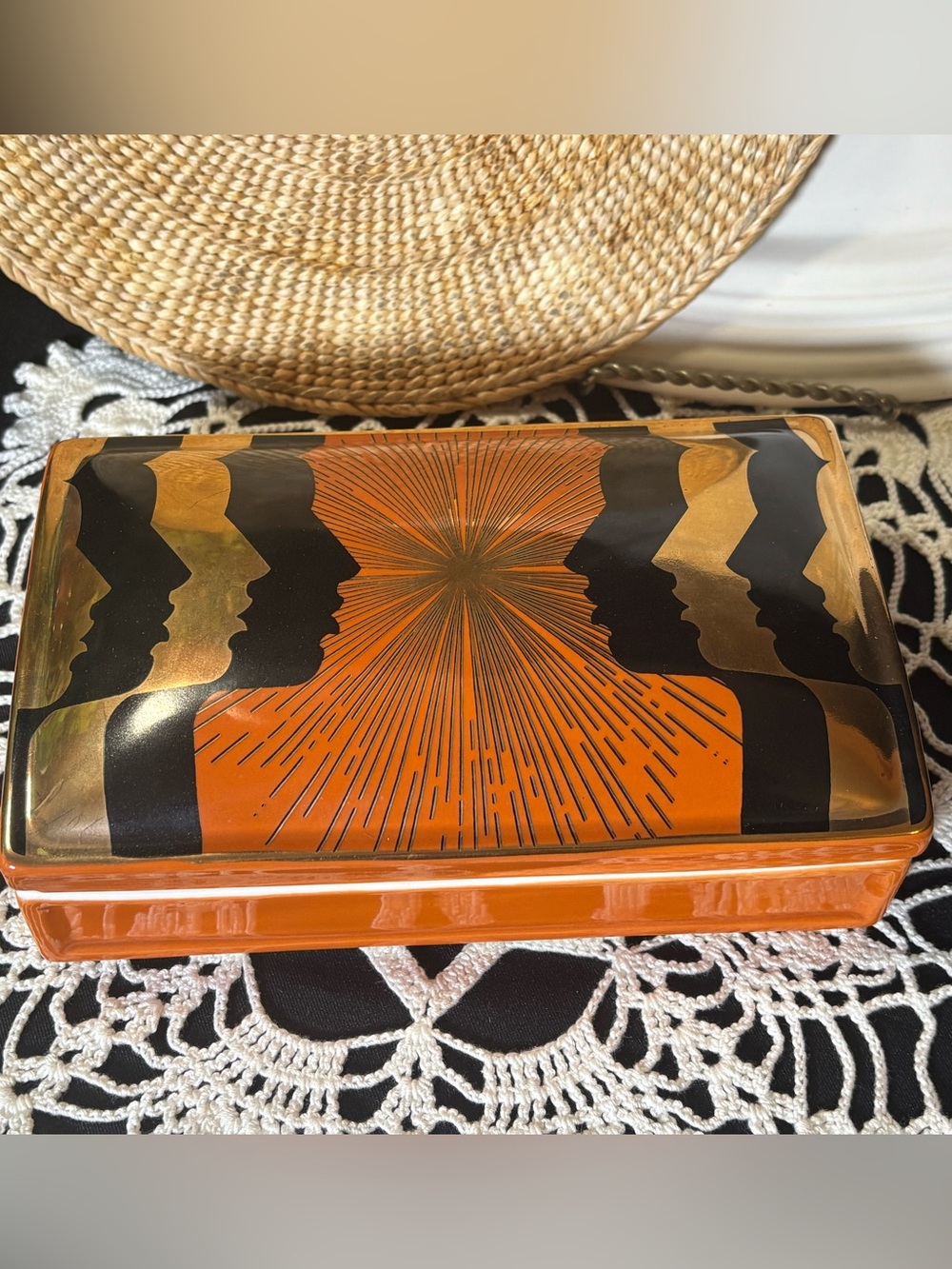Spitfire Girl Wysper Ceramic Box 24K Gold Art Deco Faces Jewelry Keepsake Box